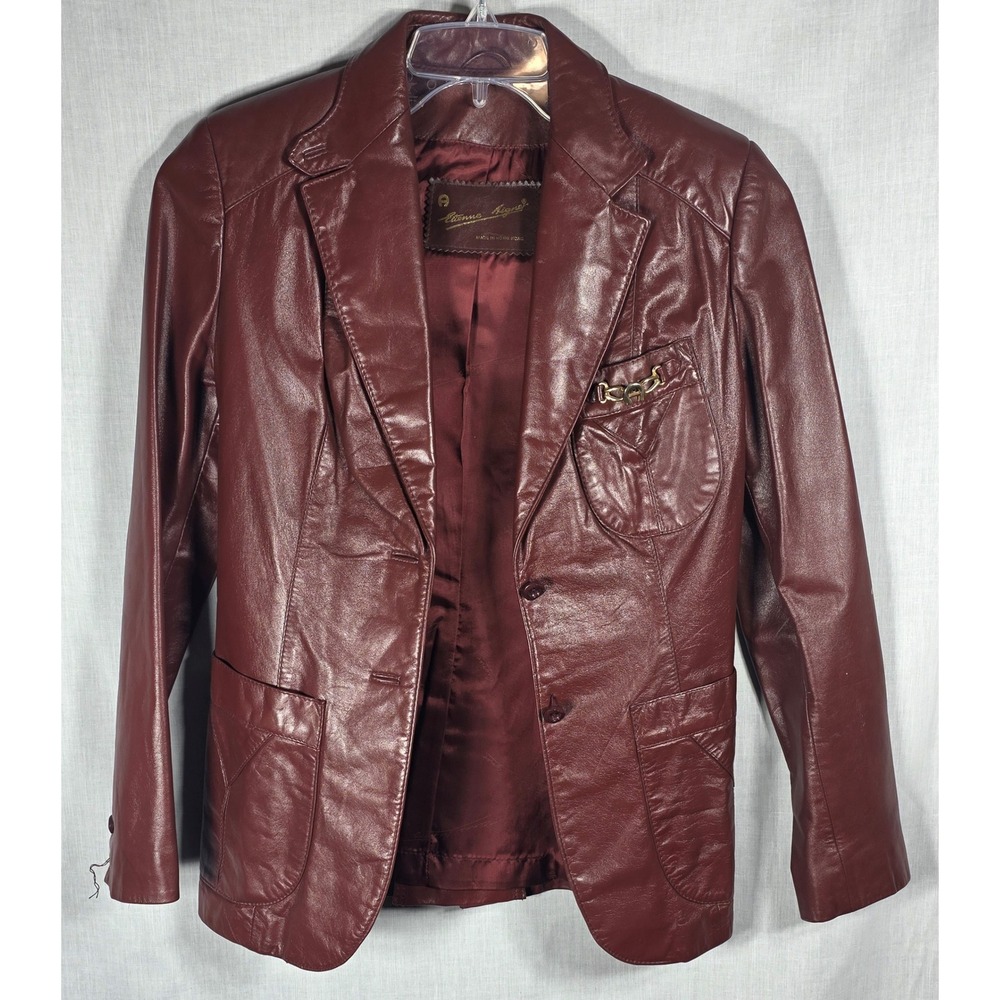 Etienne Aigner Vintage Burgundy Leather Blazer Jacket Gold Logo Oxblood Size 6